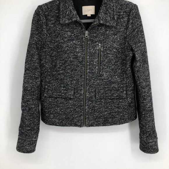 Ann Taylor LOFT Charcoal Marled Full Zip Long Sleeve Wool Blend Cropped Jacket S - Picture 3 of 15